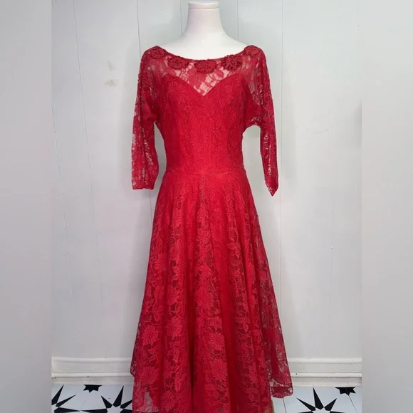 Vintage 1950s Carnation Red Lace, Tea Length Party Dress Appliqus Full Skirt | Color: Red | Size: S | Cotillionbureau's Closet